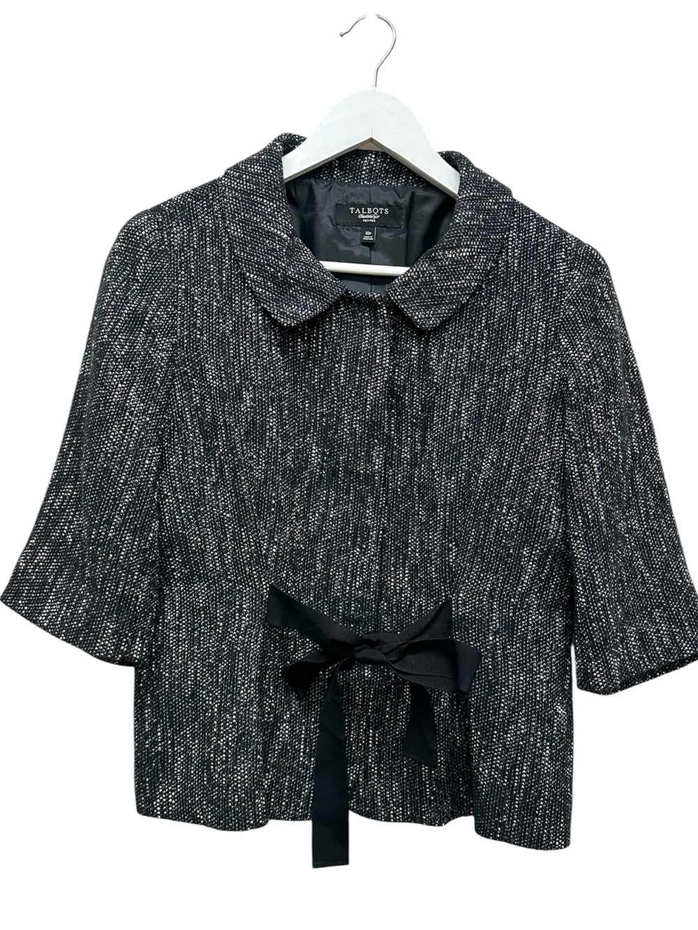 Talbots Womens Jacket Blazer Black Tweed Tie Front 3/4 Sleeve Career Sz 10 P